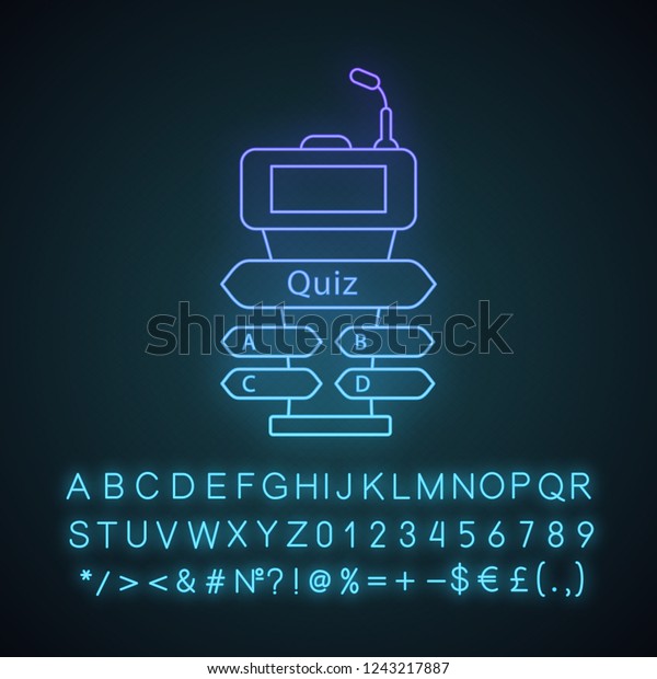Quiz game buzzer neon light icon. Game show\
podium. Podium, tribune, stand for intellectual event. Trivia\
contest. Glowing sign with alphabet, numbers and symbols. Vector\
isolated illustration