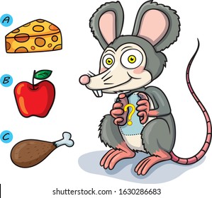 quiz game a cite little rat holds a cheese cub in hand cartoon vector for child