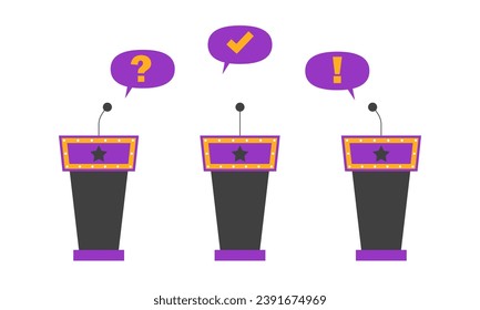 Quiz game design background. Competition with questions. Television trivia show vector illustration. Three stands with microphones. Play game show, competition quest