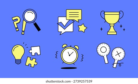 Quiz Game Icon Set – Question, Trophy, Puzzle, Timer and Idea Flat Line Illustration