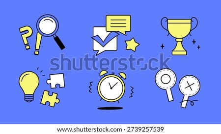 Quiz Game Icon Set – Question, Trophy, Puzzle, Timer and Idea Flat Line Illustration