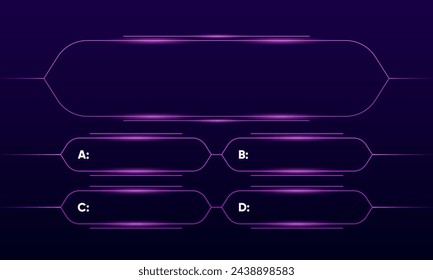 Quiz game or intellectual challenge contest template. Quiz neon template. TV show or trivia game. Screen with question and answer options in frames. Vector illustration.