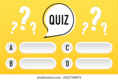 Quiz game menu, test questions choice. Template for TV show or trivia game. Answer the question mark. Examination test. Chat quiz think. Quiz game on yellow background. Vector illustration