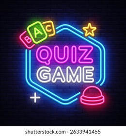 Quiz game neon sign with buzzer. Vector illustration showing colorful text QUIZ GAME with answer cards and glowing elements on dark wall