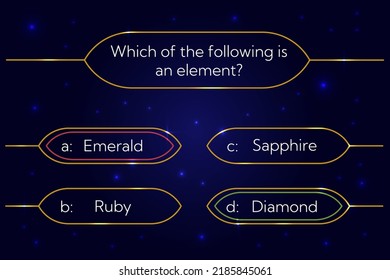Quiz game questions with test menu with choice answers templates. Quiz game or trivia contest TV show layout with gold number frames. Vector intellectual challenge background with sign of win, lose 