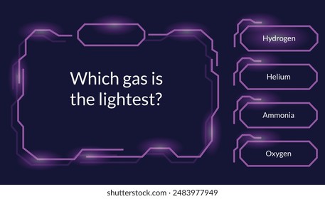Quiz game questions or test menu choice templates with answers. Trivia contest, TV show layout with neon answer options. Four answers for knowledge exam. Vector cartoon illustration