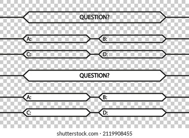 Quiz game. Quiz show millionaire. Contest with question and answer on tv. Test on competition. Intellectual challenge. App for exam. Outline, white and black bubbles for answers. Vector.