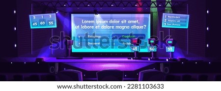 Quiz game show with question option cartoon background. Tv contest stage with screen. Television program to guess right answer on podium with tribune and spotlight. Front view entertainment broadcast.