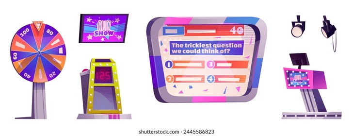 Quiz game show stage. Tv contest studio vector cartoon. Trivia program host podium and screen with word. Talent live event interior elements set on white background. Guess tournament media project