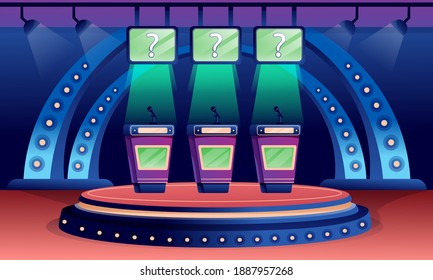 Quiz game stage interior design background. Competition with questions. Television trivia show vector illustration. Three stands with microphones in spotlight, screens with questions.