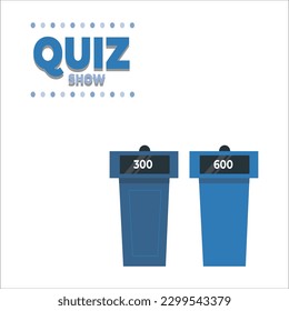 Quiz Spiel Bühne Innenarchitektur-Hintergrund. Wettbewerb mit Fragen. Fernsehtrivia zeigen Vektorgrafik. Drei stehen mit Mikrofonen im Rampenlicht, Bildschirme mit Fragen.