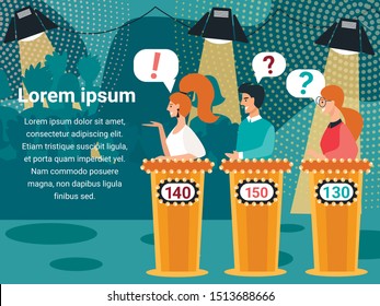 Quiz Game or Television Program Question Contest. Tv Show with People Guessing Questions. Intellectual Game Studio Excited Intelligent Players Characters at Tribunes Cartoon Flat Vector Illustration