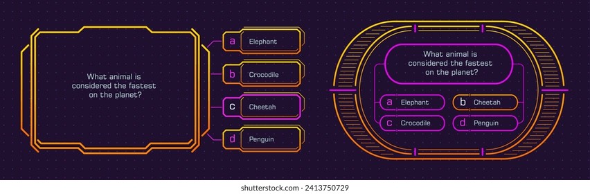 Quiz game template, contest question and answer option frames, vector layout. Trivia TV show or intellectual contest challenge and knowledge test neon background with question or answer option windows svg