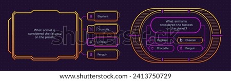Quiz game template, contest question and answer option frames, vector layout. Trivia TV show or intellectual contest challenge and knowledge test neon background with question or answer option windows