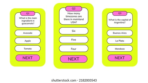 Quiz game test menu template. uiz test lottery millionaire. Vector template. Quiz templates set