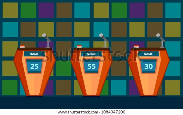Quiz game with three tables with colorful\
flat cartoon background. Quiz brainy\
game.