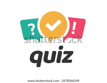 Quiz game time logo icon with text and red green yellow bubbles vector graphic illustration, poll survey contest sign symbol modern design, questionnaire test competition image clip art