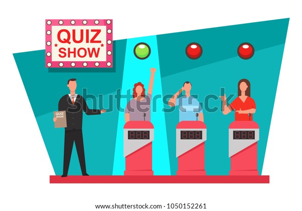 Quiz game TV show concept design. Vector\
flat illustration of the people on the\
podium.