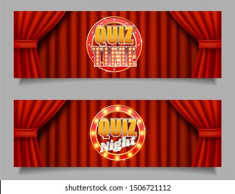 Quiz game vector horizontal banner template set. Theatrical stage with red velvet curtains, glowing Quiz time and Quiz night signs.