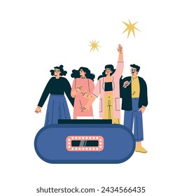 Quiz Game with Young Man and Woman Participant at Button Stand Vector Illustration