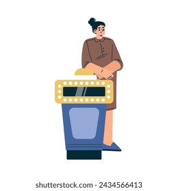 Quiz Game with Young Woman Participant at Button Stand Vector Illustration