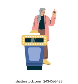 Quiz Game with Young Woman Participant at Button Stand Vector Illustration