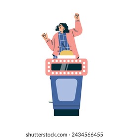 Quiz Game with Young Woman Participant at Button Stand Vector Illustration