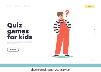 Quiz games for kids concept of landing page with small boy asking questions. Curious little child need information about world and general knowledge. Cartoon flat vector illustration