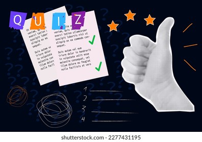 Quiz, halftone collage. Female hand shows thumbs up. Quiz, exam or test with correct answers and a green tick in the task. Vector banner, poster in halftone dotted style. Crazy cool  education art.