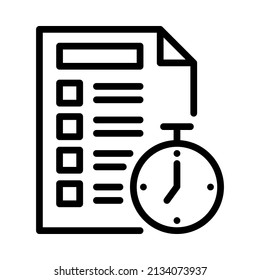 Quiz icon. Document paper with clock. Outline style. Vector. Isolate on white background.
