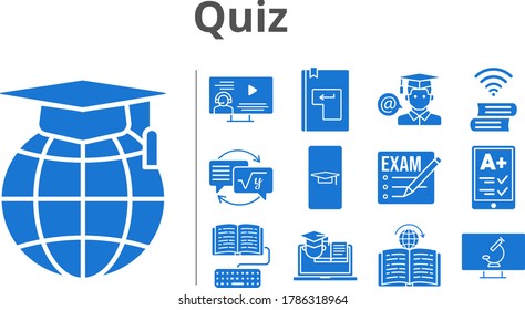 quiz icon set. included exam, ereader, instructor, school, student, homework, book, training, learning, enter, microscope icons. filled styles.
