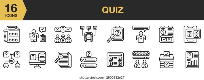 Quiz icon set. Includes questions, answers, tests, scores, puzzles, learning activities and More. Outline icons vector collection.