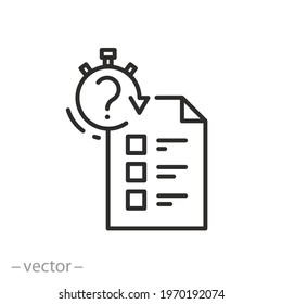 quiz icon, test with a answer time, question and report quick, thin line symbol on white background - editable stroke vector eps10