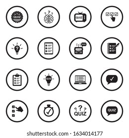 Quiz Icons. Black Flat Design In Circle. Vector Illustration.