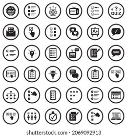 Quiz-Symbole. Schwarzes Flachdesign im Kreis. Vektorgrafik.