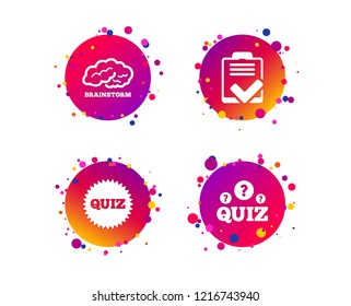 Quiz icons. Brainstorm or human think. Checklist symbol. Survey poll or questionnaire feedback form. Questions and answers game sign. Gradient circle buttons with icons. Random dots design. Vector