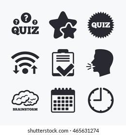 Quiz icons. Brainstorm or human think. Checklist symbol. Survey poll or questionnaire feedback form. Questions and answers game sign. Wifi internet, favorite stars, calendar and clock. Talking head.