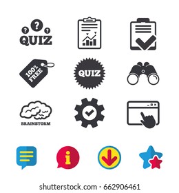 Quiz icons. Brainstorm or human think. Checklist symbol. Survey poll or questionnaire feedback form. Questions and answers game sign. Browser window, Report and Service signs. Vector