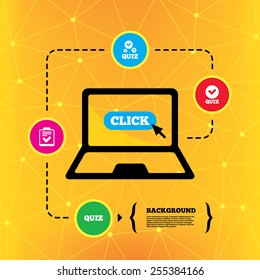 Quiz icons. Checklist with check mark symbol. Survey poll or questionnaire feedback form sign. Notebook device orange background with icons. Vector