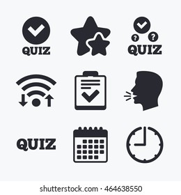 Quiz icons. Checklist with check mark symbol. Survey poll or questionnaire feedback form sign. Wifi internet, favorite stars, calendar and clock. Talking head. Vector