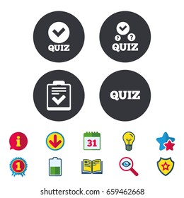 Quiz icons. Checklist with check mark symbol. Survey poll or questionnaire feedback form sign. Calendar, Information and Download signs. Stars, Award and Book icons. Light bulb, Shield and Search