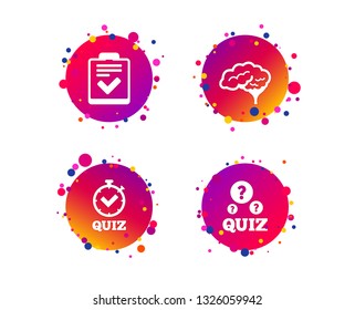 Quiz icons. Human brain think. Checklist and stopwatch timer symbol. Survey poll or questionnaire feedback form sign. Gradient circle buttons with icons. Random dots design. Vector
