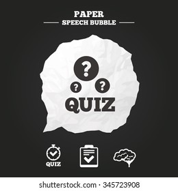 Quiz icons. Human brain think. Checklist and stopwatch timer symbol. Survey poll or questionnaire feedback form sign. Paper speech bubble with icon.
