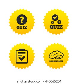 Quiz icons. Human brain think. Checklist with check mark symbol. Survey poll or questionnaire feedback form sign. Yellow stars labels with flat icons. Vector