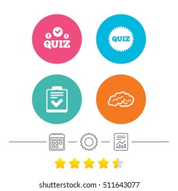 Quiz icons. Human brain think. Checklist symbol. Survey poll or questionnaire feedback form. Questions and answers game sign. Calendar, cogwheel and report linear icons. Star vote ranking. Vector