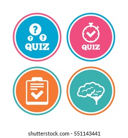Quiz icons. Human brain think. Checklist and stopwatch timer symbol. Survey poll or questionnaire feedback form sign. Colored circle buttons. Vector
