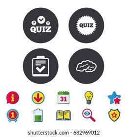 Quiz icons. Human brain think. Checklist symbol. Survey poll or questionnaire feedback form. Questions and answers game sign. Calendar, Information and Download signs. Stars, Award and Book icons