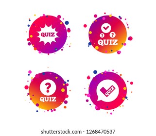 Quiz icons. Speech bubble with check mark symbol. Explosion boom sign. Gradient circle buttons with icons. Random dots design. Vector