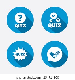 Quiz icons. Speech bubble with check mark symbol. Explosion boom sign. Circle concept web buttons. Vector