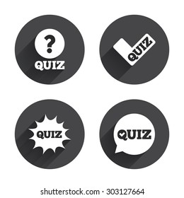 Quiz icons. Speech bubble with check mark symbol. Explosion boom sign. Circles buttons with long flat shadow. Vector